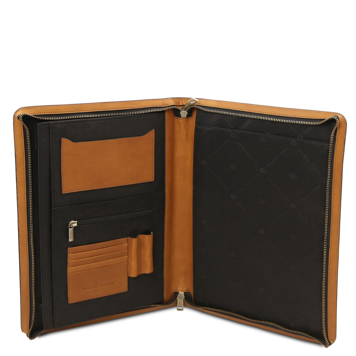 Aberta conhaque leather document case with black interior mostrando ranhuras para cartões and zipper pocket