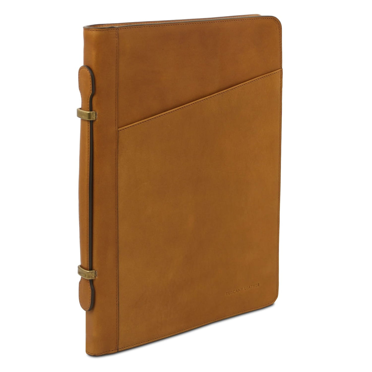 Vista lateral of Cosconhaquetino leather document case with handle and brass fixtures