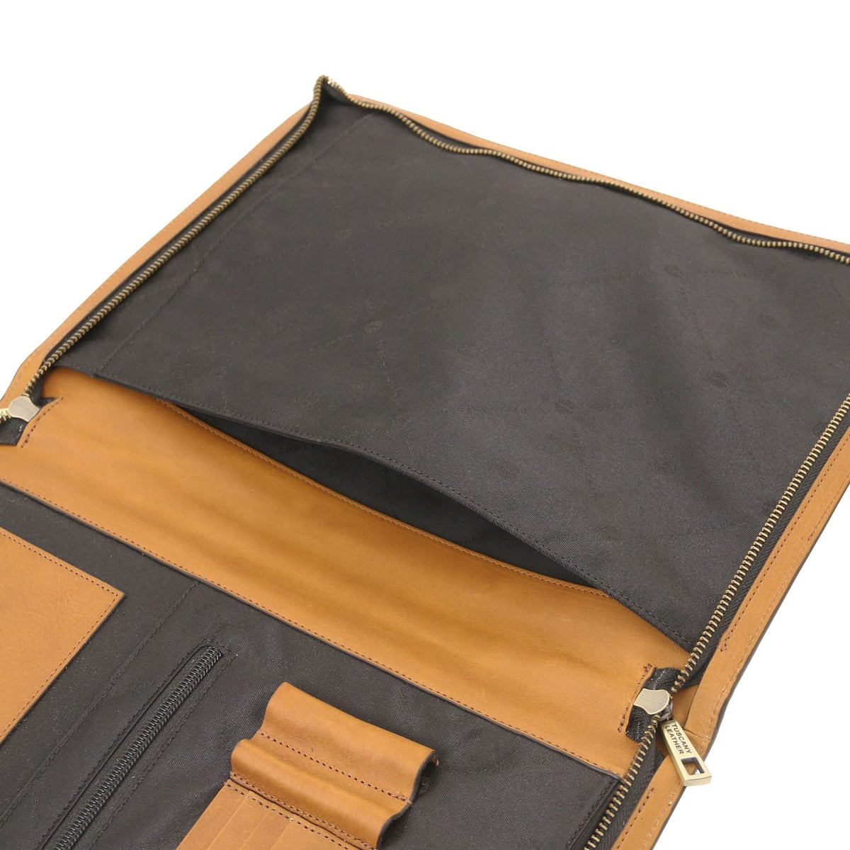 Abertaed document case with conhaque border and black interior com ranhuras para cartões and pen holders
