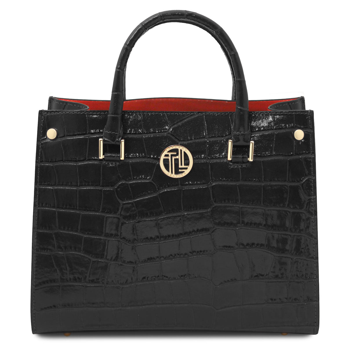 Croque - Croc print leather tote handbag | TL142504 in black glossy embossed leather with gold-tone hardware and top handles on white background