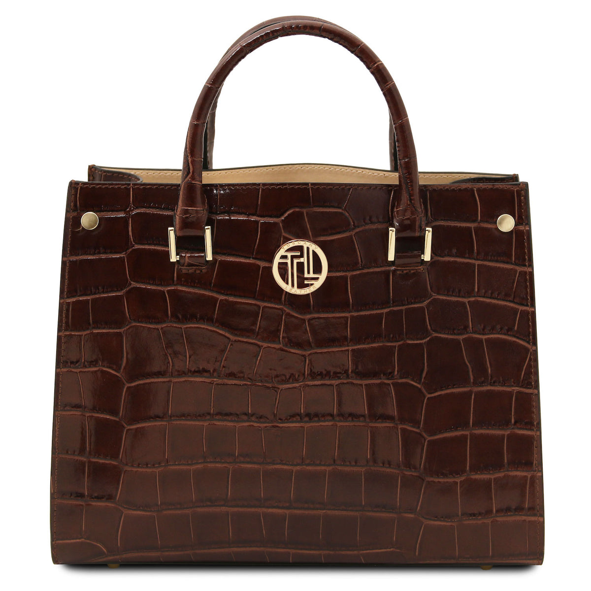 Croque - Croc print leather tote handbag | TL142504 in dark brown with glossy embossed texture, top handles, and gold-tone hardware on white background