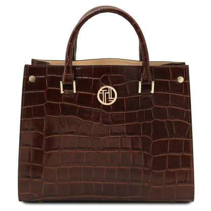 Croque - Croc print leather tote handbag | TL142504 in dark brown with glossy embossed texture, top handles, and gold-tone hardware on white background