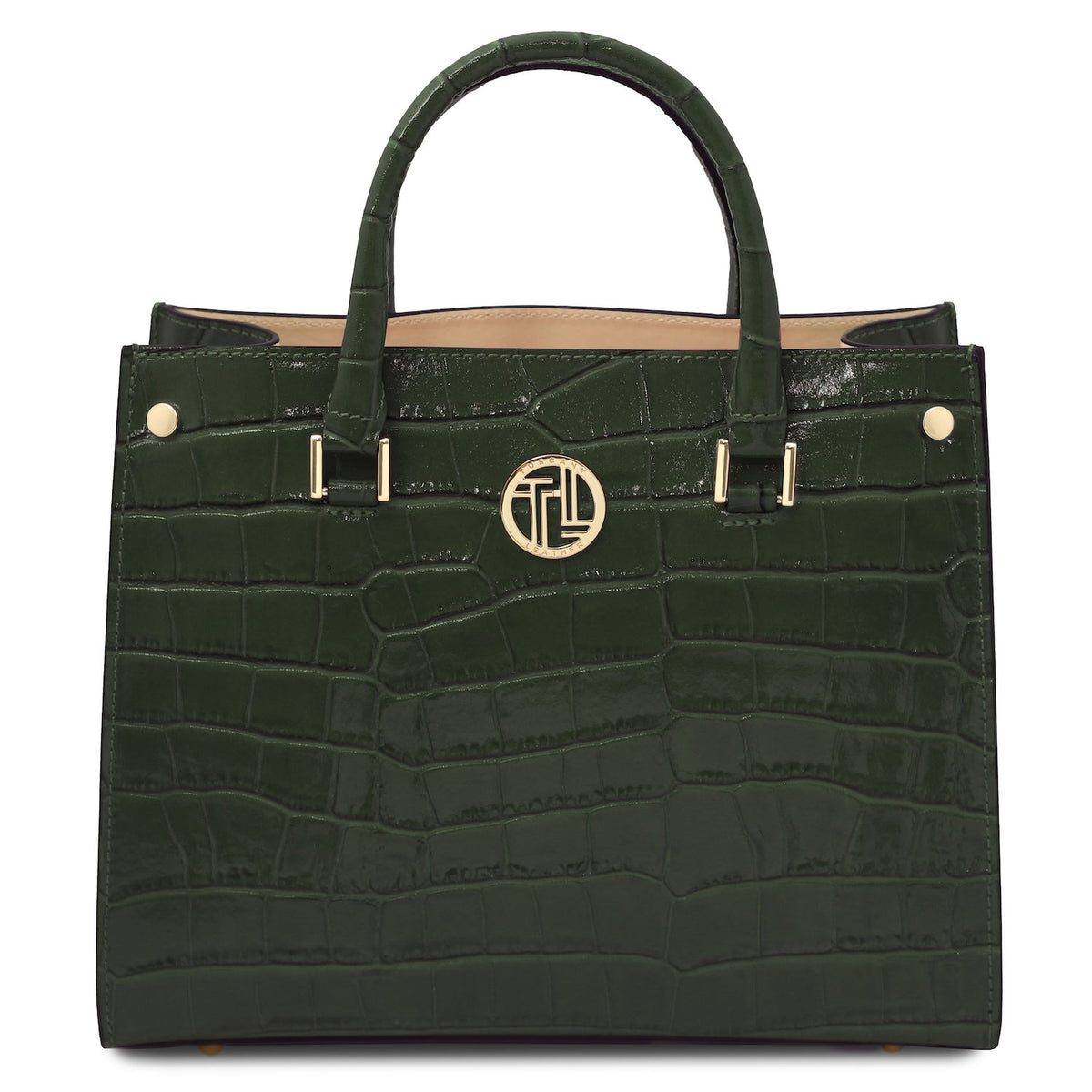 Croque - Croc print leather tote handbag | TL142504 in glossy dark green Italian embossed leather with top handles and gold-tone hardware on white background