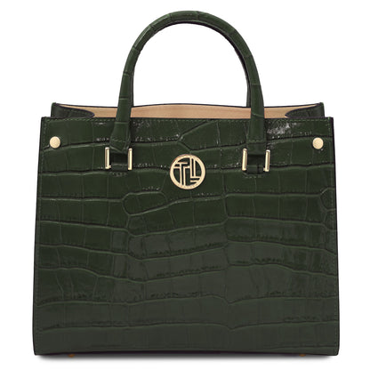 Croque - Croc print leather tote handbag | TL142504 in glossy dark green Italian embossed leather with top handles and gold-tone hardware on white background