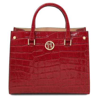Croque - Croc print leather tote handbag | TL142504 in glossy red with structured silhouette, dual top handles, and gold-tone hardware on white background.