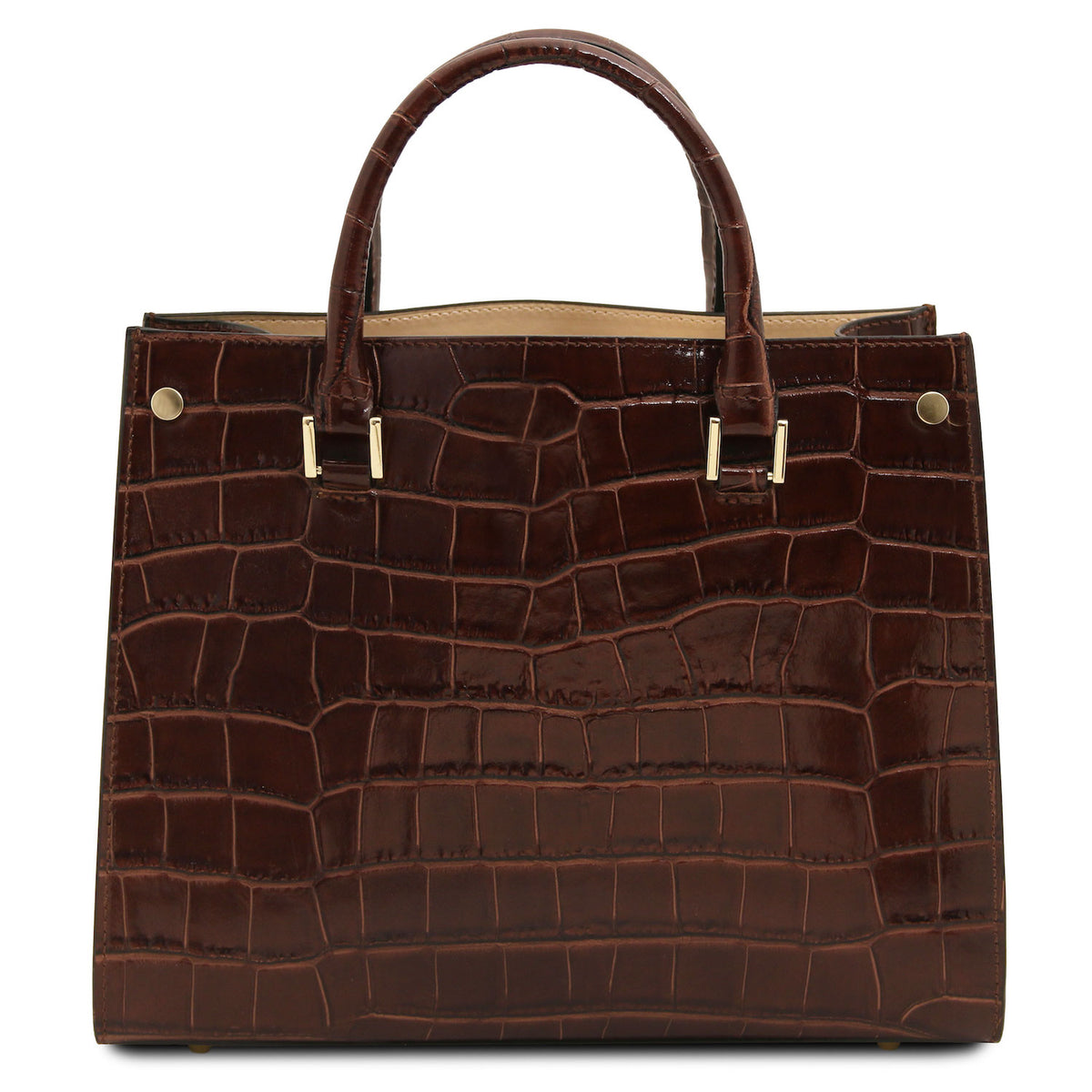 Croque - Croc print leather tote handbag | TL142504 in dark brown glossy Italian embossed leather with top handles and gold-tone hardware on white background