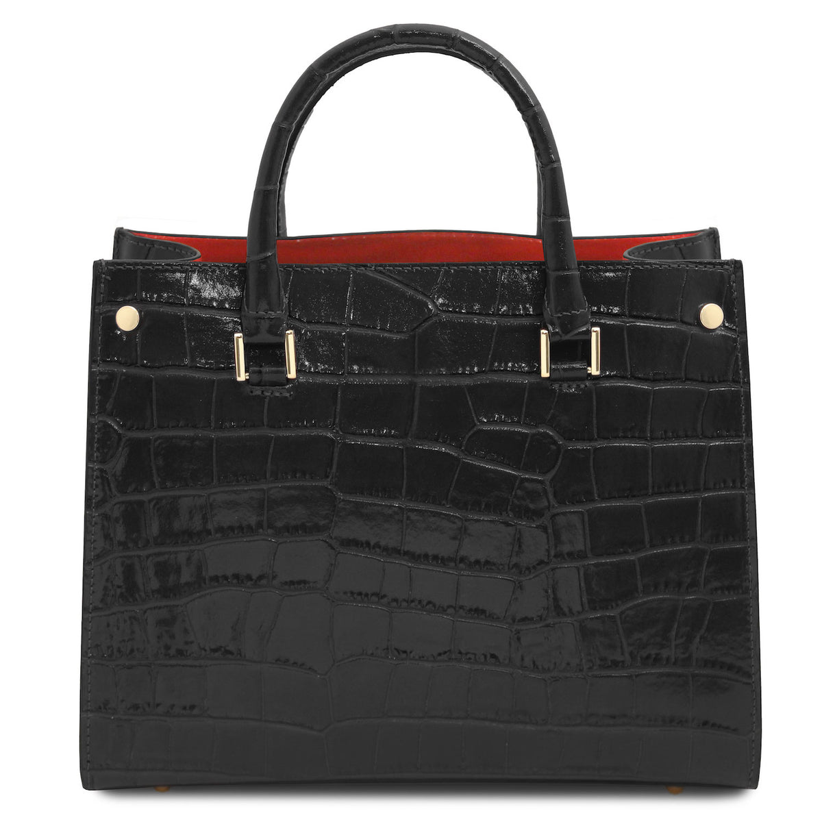 Croque - Croc print leather tote handbag | TL142504 in black glossy embossed leather with structured frame and gold-tone hardware on white background