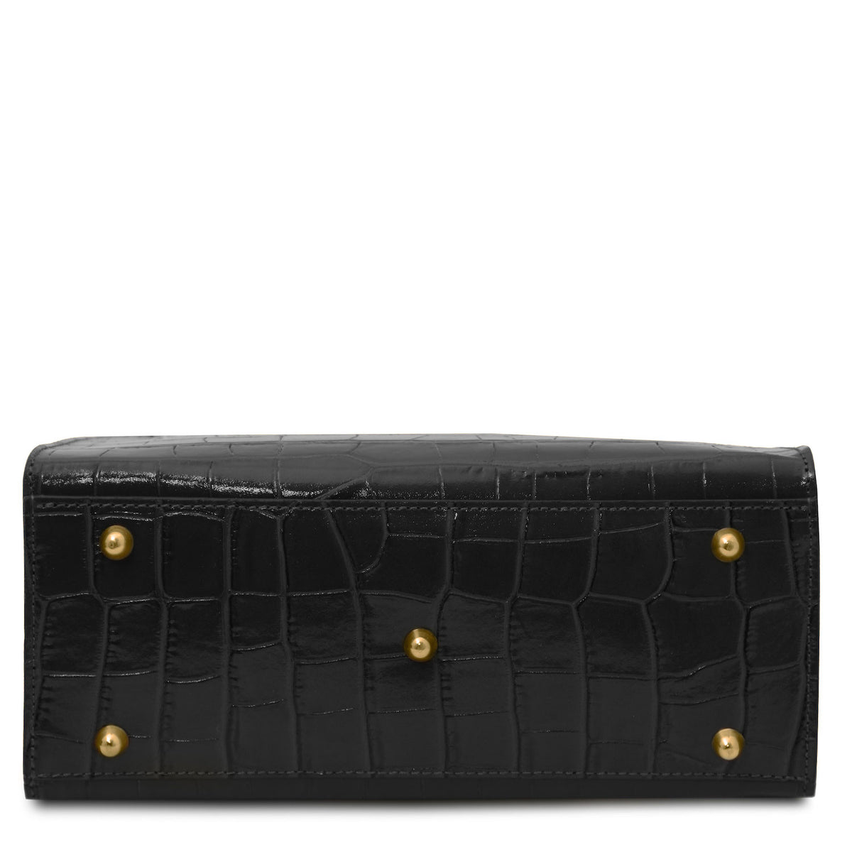 Croque - Croc print leather tote handbag | TL142504 in black Italian embossed leather with gold-tone stud feet on white background