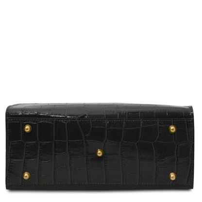 Croque - Croc print leather tote handbag | TL142504 in black Italian embossed leather with gold-tone stud feet on white background