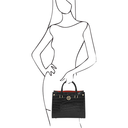 Croque - Croc print leather tote handbag | TL142504 in black glossy embossed leather with gold-tone hardware and top handles held against a white background