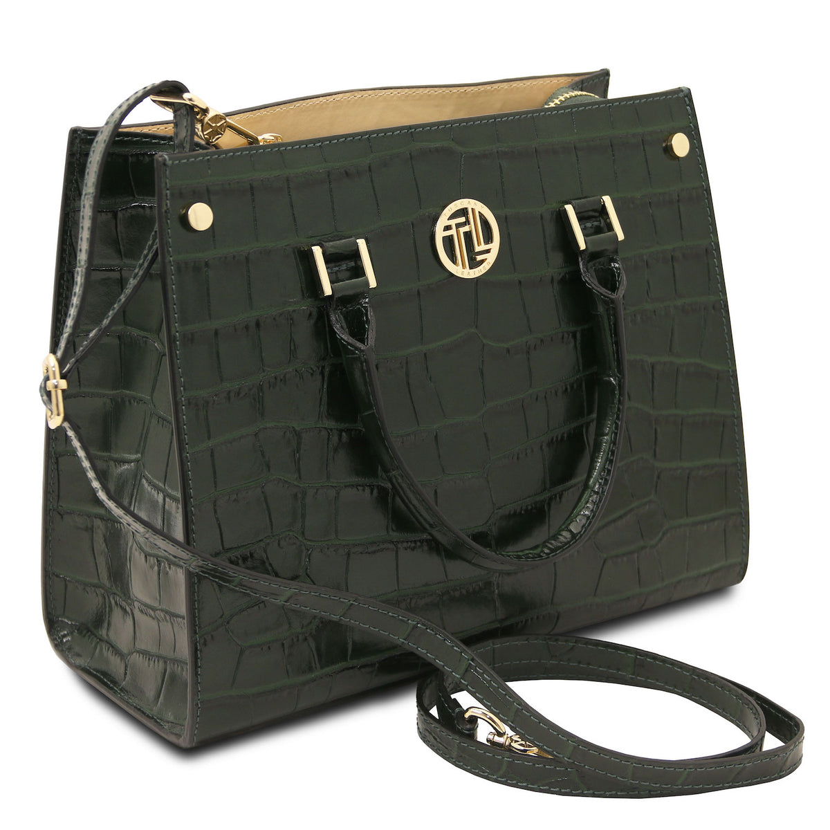 Croque - Croc print leather tote handbag | TL142504 in dark green with glossy embossed texture, gold-tone hardware, top handles, and detachable shoulder strap