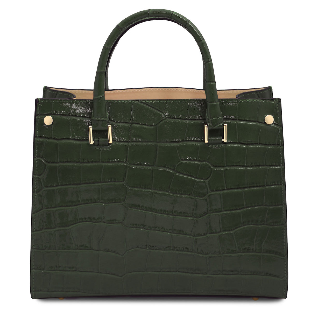 Croque - Croc print leather tote handbag | TL142504 in glossy dark green Italian embossed leather with structured frame and gold-tone hardware on white background