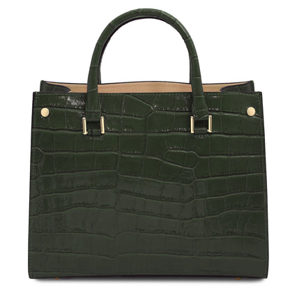 Croque - Croc print leather tote handbag | TL142504 in glossy dark green Italian embossed leather with structured frame and gold-tone hardware on white background