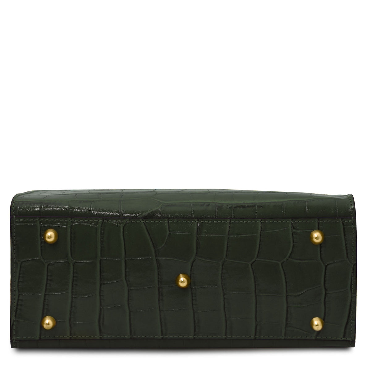 Croque - Croc print leather tote handbag | TL142504 in dark green Italian embossed leather with gold-tone feet on white background