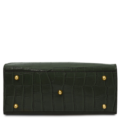 Croque - Croc print leather tote handbag | TL142504 in dark green Italian embossed leather with gold-tone feet on white background
