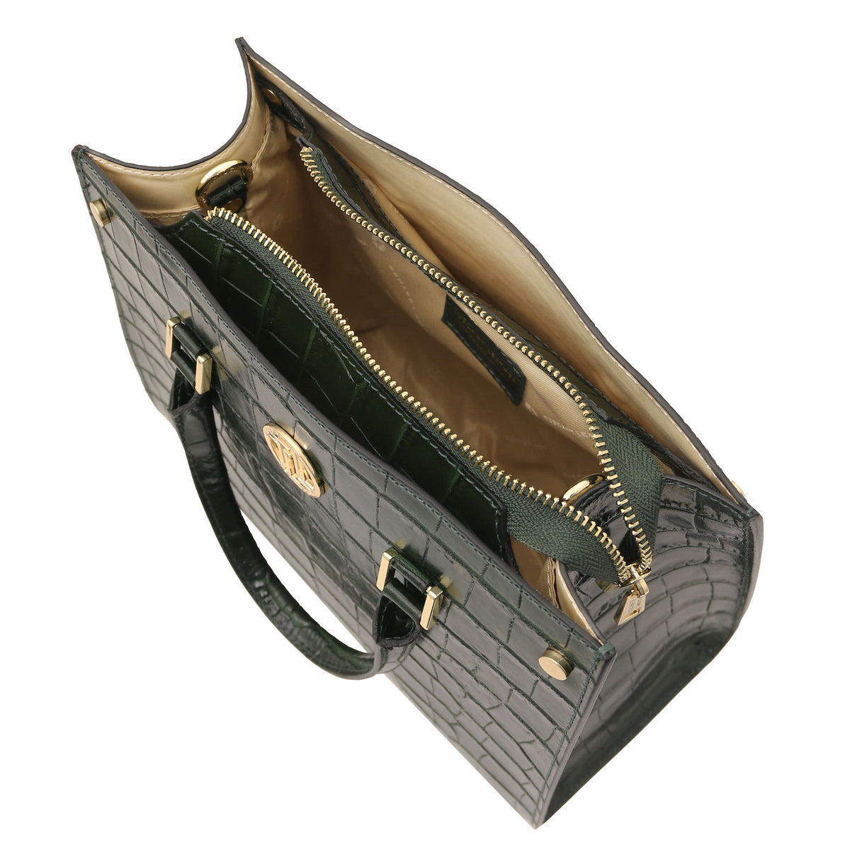 Croque - Croc print leather tote handbag | TL142504 in black with embossed texture, gold hardware, top handles, and zippered interior compartment on white background.