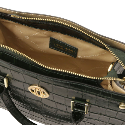 Croque - Croc print leather tote handbag | TL142504 in black glossy embossed leather with gold-tone hardware and top handles on white background