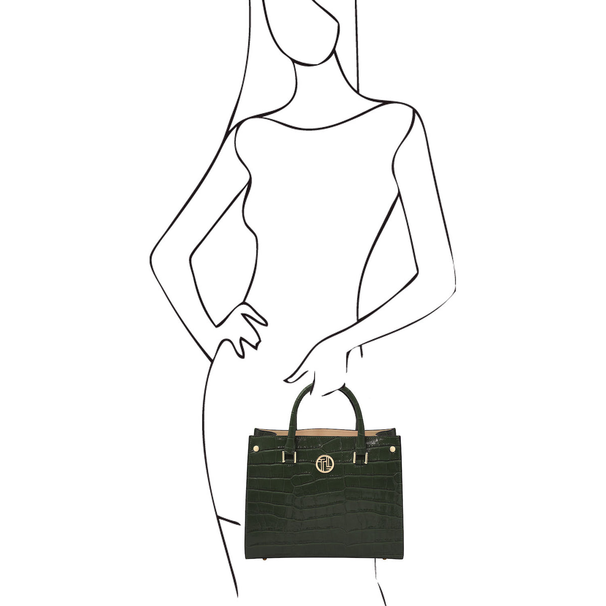 Croque - Croc print leather tote handbag | TL142504 in black Italian embossed leather with structured frame, top handles, and gold hardware.