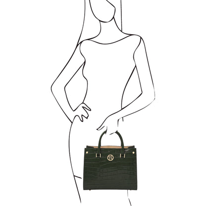 Croque - Croc print leather tote handbag | TL142504 in black Italian embossed leather with structured frame, top handles, and gold hardware.