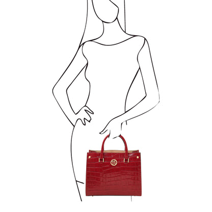 Croque - Croc print leather tote handbag | TL142504 in glossy red Italian embossed leather with gold-tone hardware and top handles.