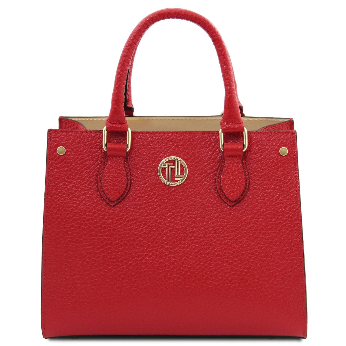 Red handbag with gold accents on a white background