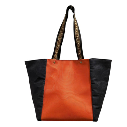 Bolsa de tecido jeans e laranja