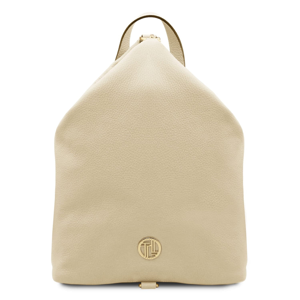 Vooraanzicht of the beige Dublin leather backpack with generfde textuur goudkleurig beslag and logo plaque