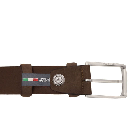 Brown nubuck leather belt with a silver rectangular buckle and handmade in Italy tag with Italian flag