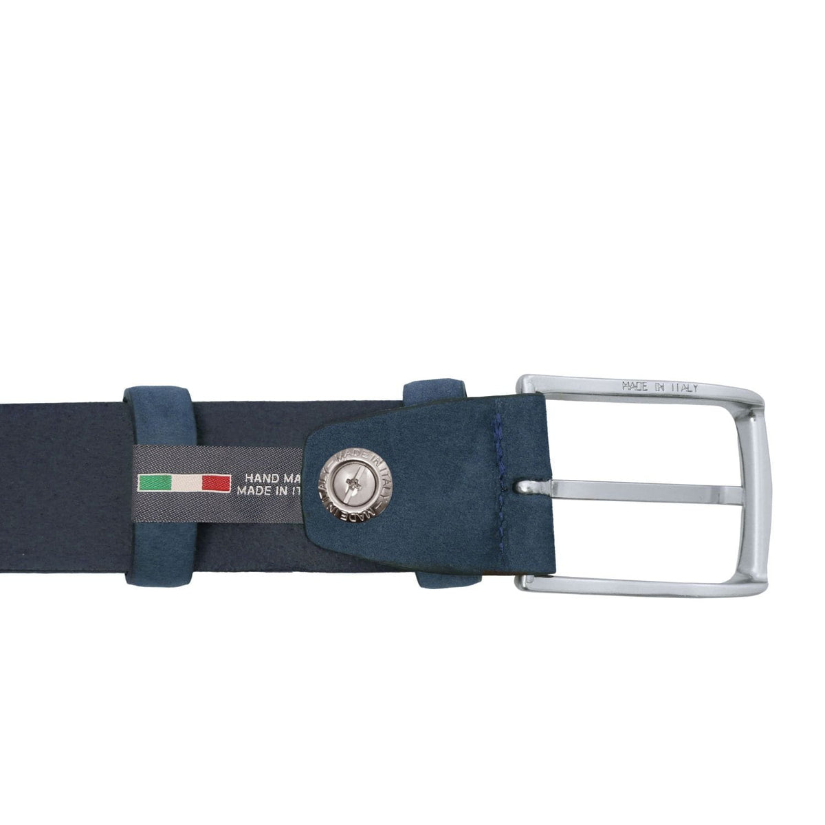 Navy blue nubuck leather belt with a silver buckle and handmade in Italy tag