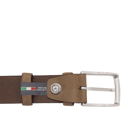 Brown leather belt with silver buckle and fabric keeper displaying the Italian flag and MADE IN ITALY.