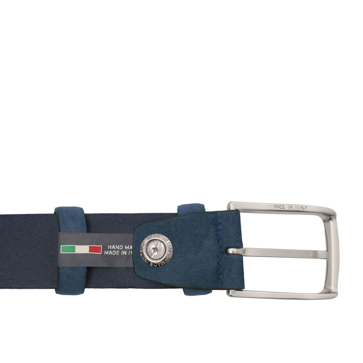 Navy blue 35mm perforated nubuck leather belt with a silver buckle