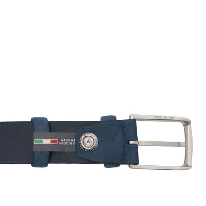 Navy blue 35mm perforated nubuck leather belt with a silver buckle
