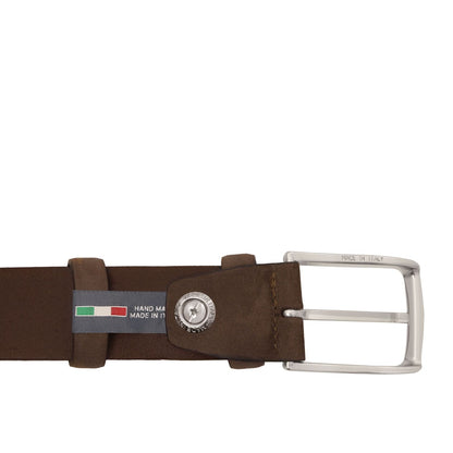 Brown 35mm perforated nubuck leather belt with a silver buckle