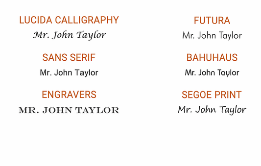 Comparison of different font styles with 'Mr. John Taylor' listed under each.