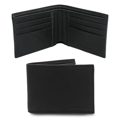 Black twofold leather wallet with multiple card slots and Tuscany Leather branding
