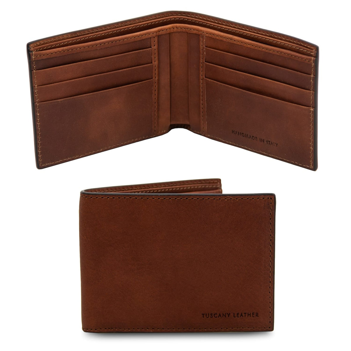 Brown twofold leather wallet opened to show card slots and inner handmade in Italy branding