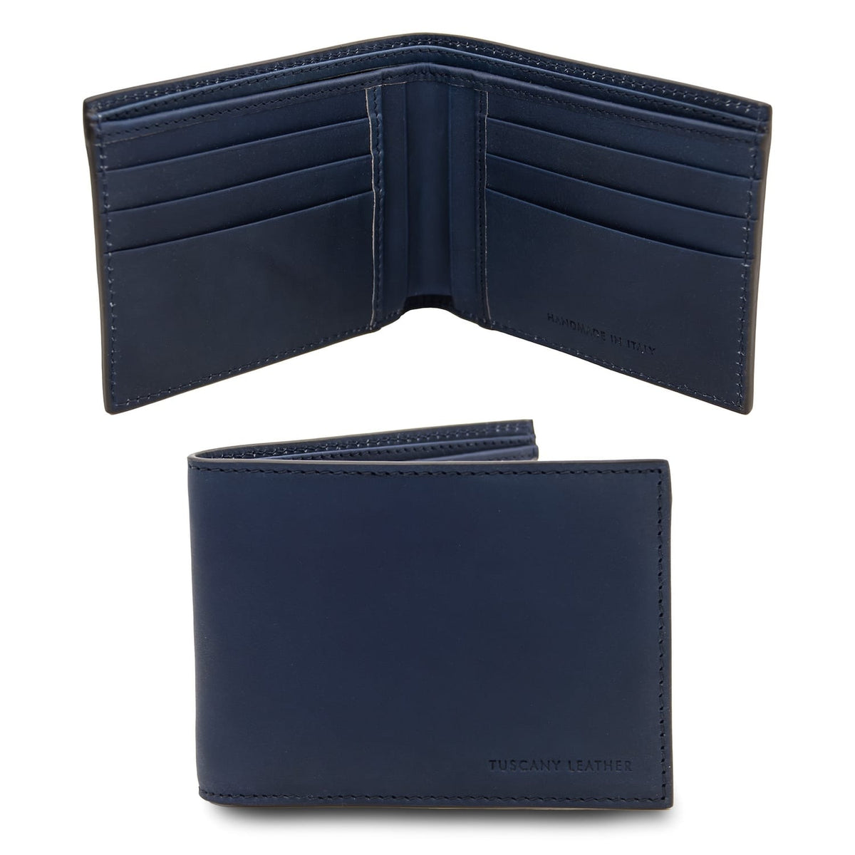 Navy blue twofold leather wallet open with numerous card slots and central pocket