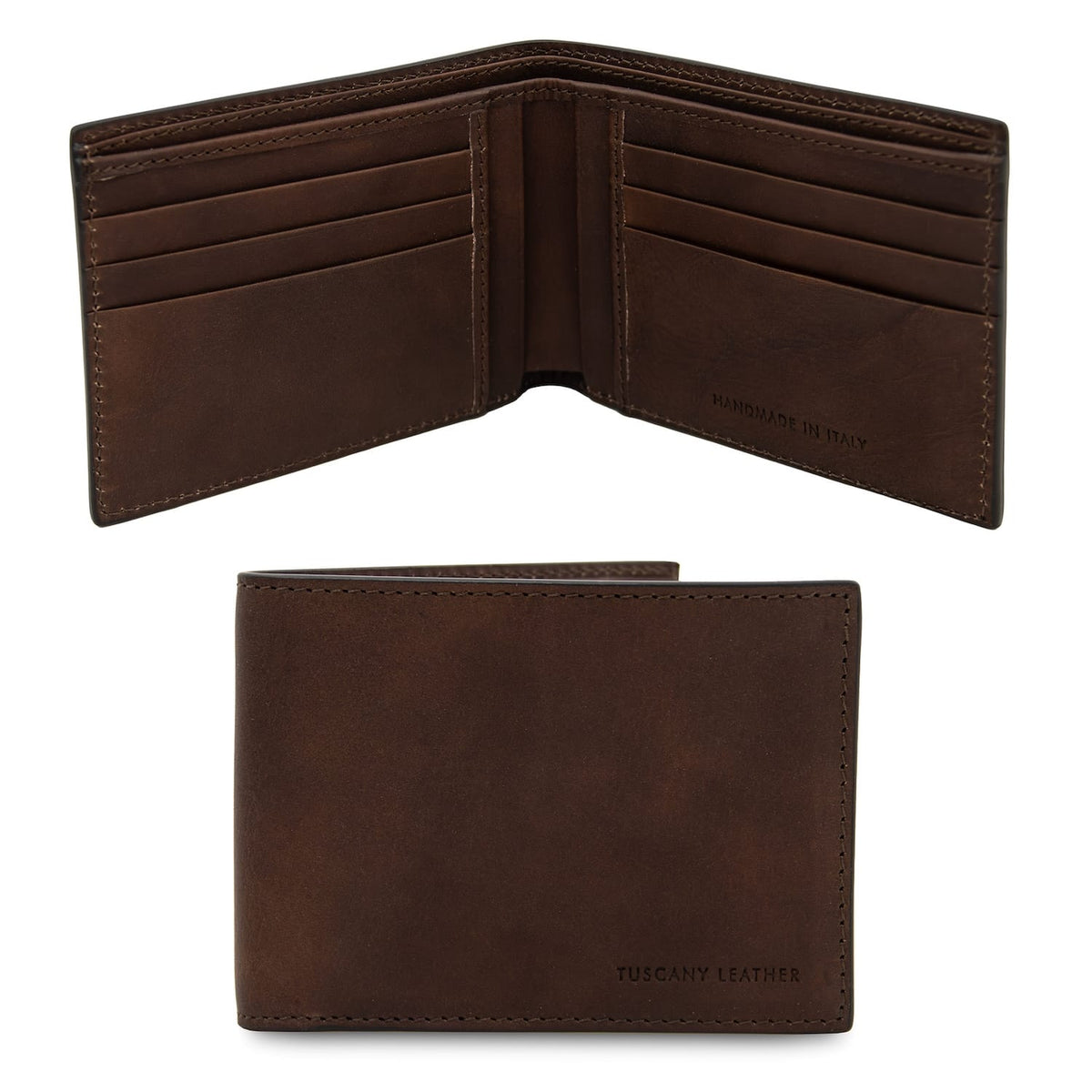 Exclusive two fold matte brown leather wallet for men opened to show card slots on both sides and a center pocket