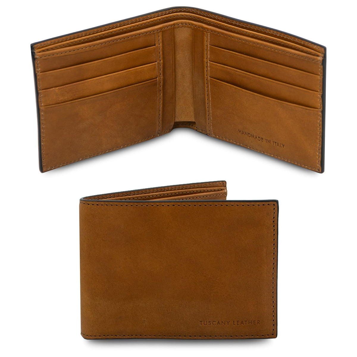 Open tan brown matte leather wallet with multiple card slots on both sides and a central compartment