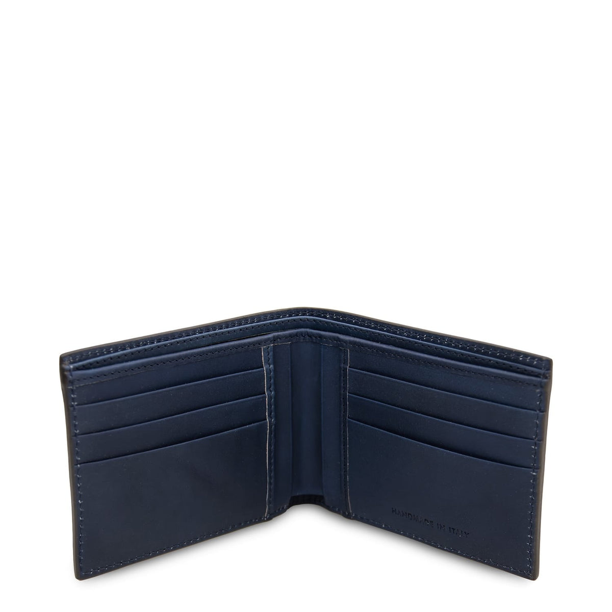 Blue leather wallet open with multiple card slots and central divider