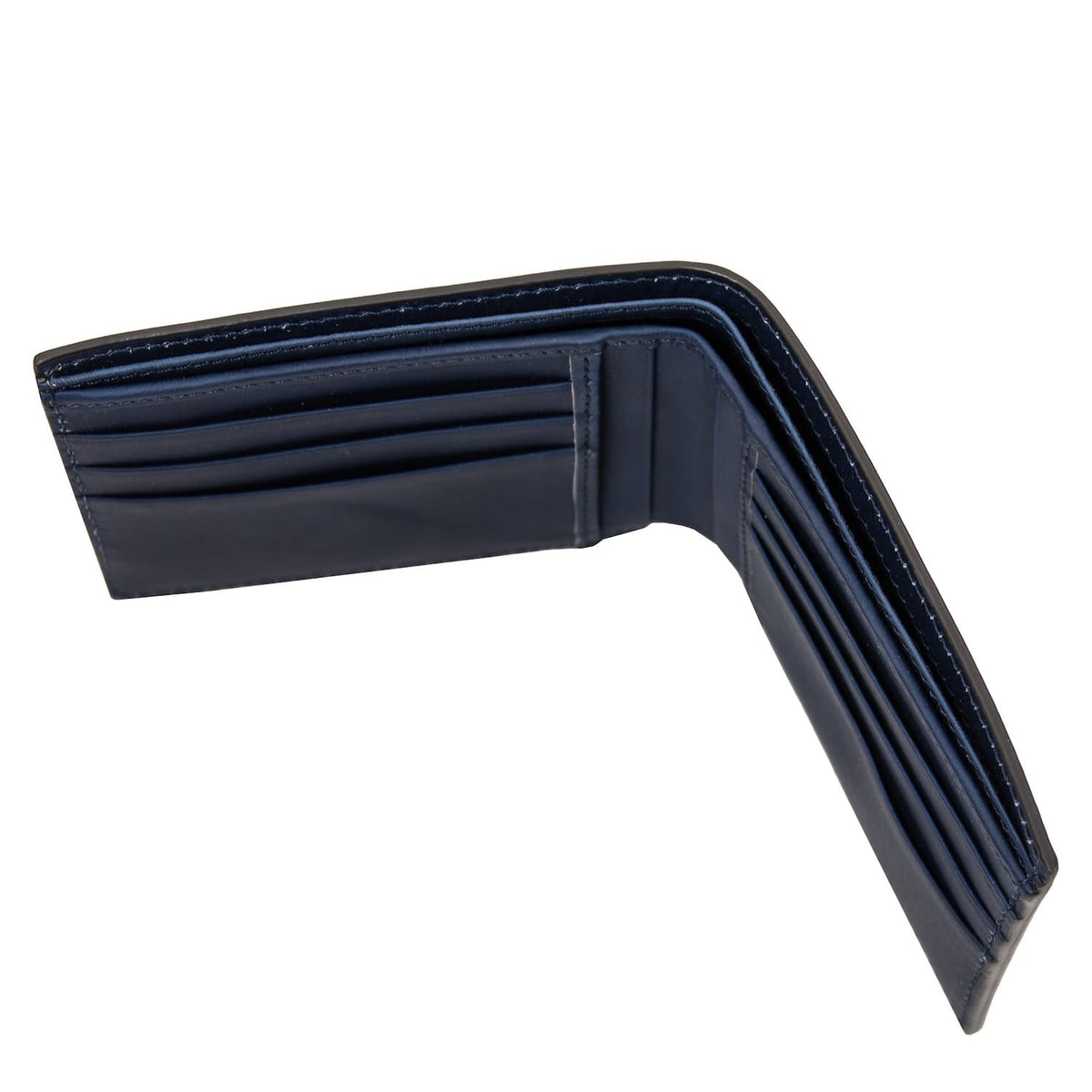 Open navy matte leather wallet displaying multiple card slots and compartments