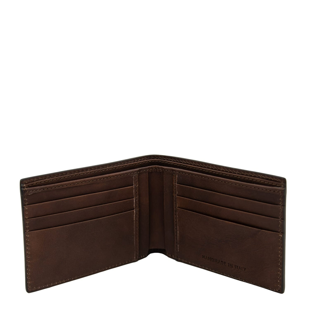 Inside view of matte brown leather wallet with multiple card slots on both sides and a center divider