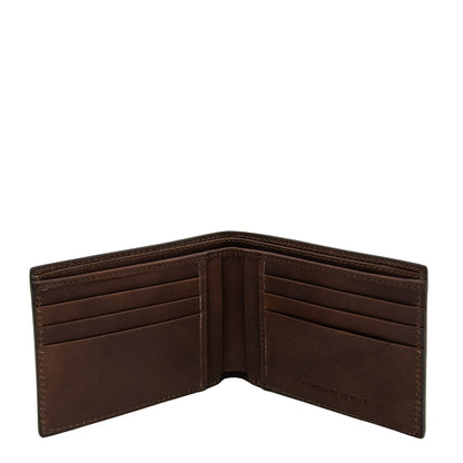 Inside view of matte brown leather wallet with multiple card slots on both sides and a center divider