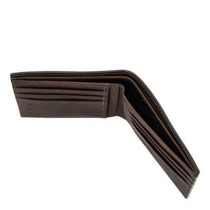Brown matte leather men's wallet open showing card slots and inner compartments