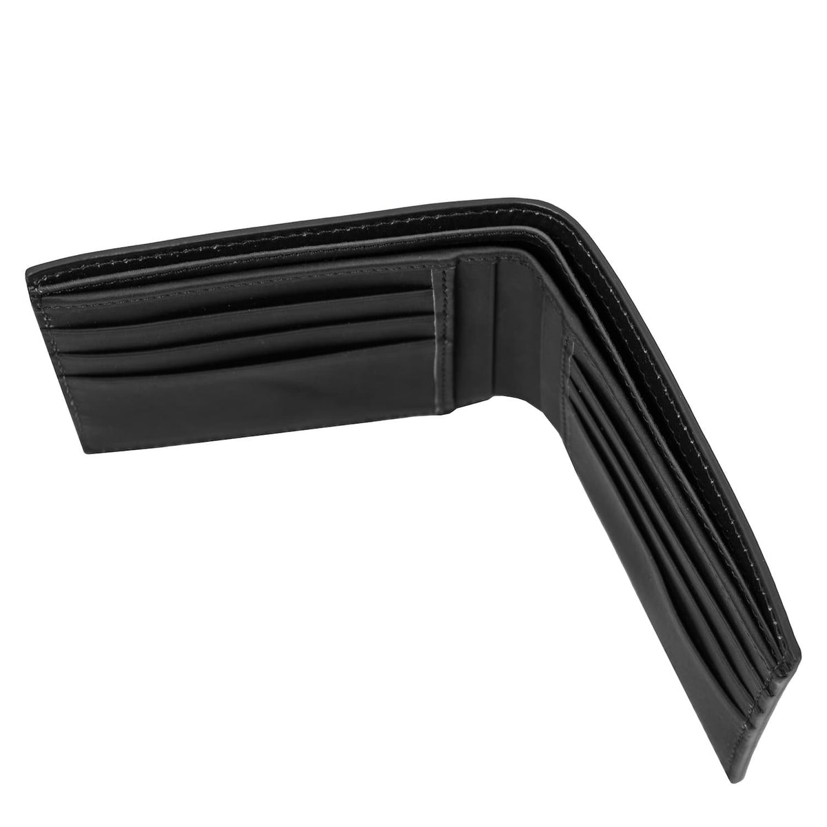 Interior view of black matte leather wallet with multiple card slots on both sides and a center pocket