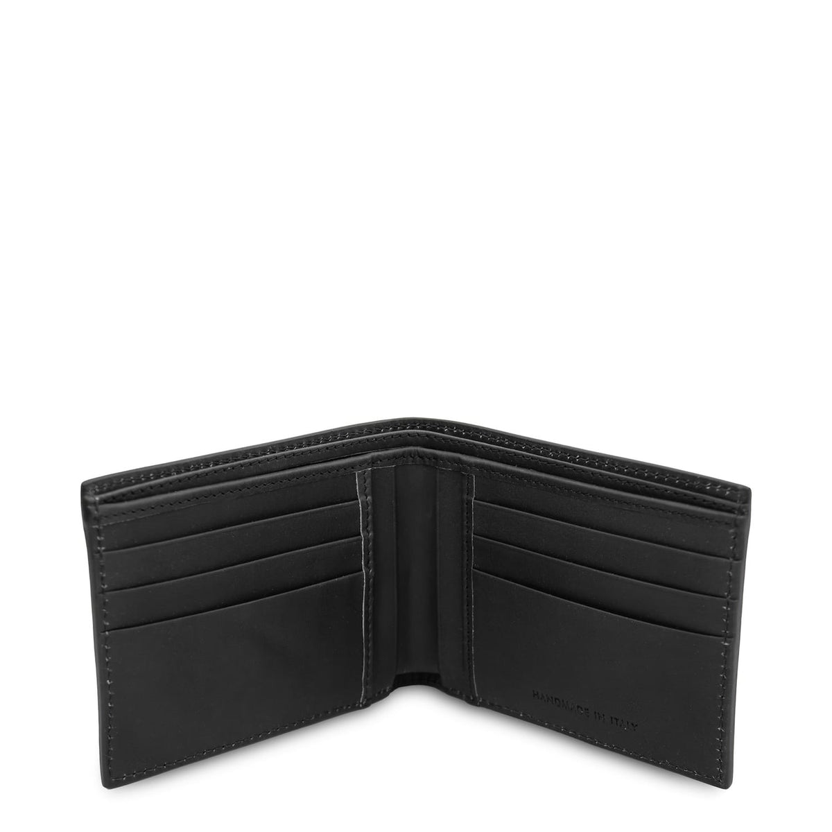 Open matte black leather bifold wallet with card slots on both sides and a center pocket
