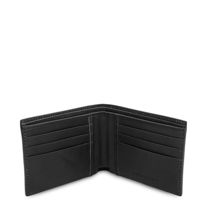Open matte black leather bifold wallet with card slots on both sides and a center pocket
