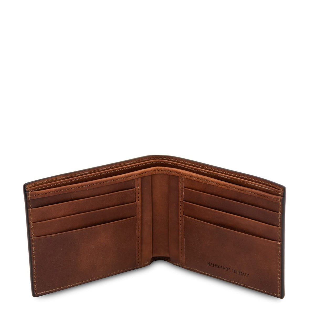 Open tan matte leather wallet with multiple card slots and a central bill pocket