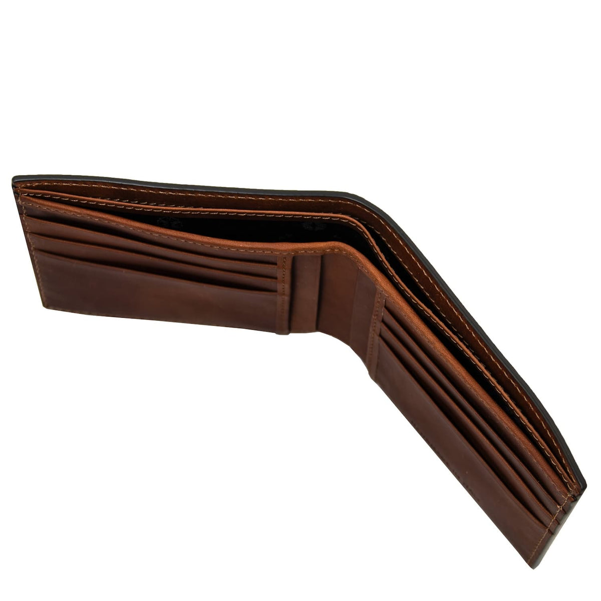 Open brown leather wallet interior with multiple card slots on both sides and a central pocket