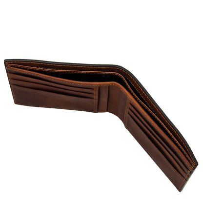 Open brown leather wallet interior with multiple card slots on both sides and a central pocket